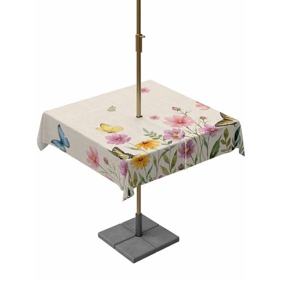 Outdoor Tablecloth with Umbrella Hole for Patio/Picnic/Party/Camping, Pink Spring Floral Waterproof Table Cloth Square Cover Washable, Butterfly Farmhouse Art Rustic (54"x 54")
