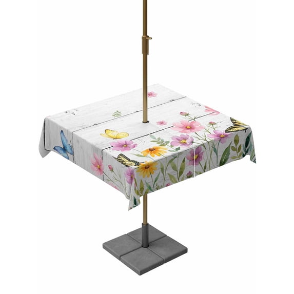 Outdoor Tablecloth with Umbrella Hole for Patio/Picnic/Party/Camping, Pink Spring Floral Waterproof Table Cloth Square Cover Washable, Butterfly Wooden Farmhouse Art (54"x 54")