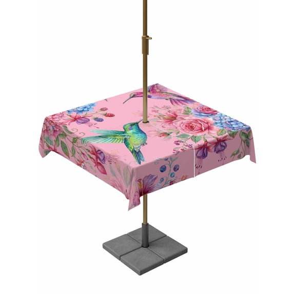 Outdoor Tablecloth with Umbrella Hole for Patio/Picnic/Party/Camping, Pink Spring Floral Waterproof Table Cloth Square Cover Washable, Watercolor Birds Farmhouse Art (54"x 54")