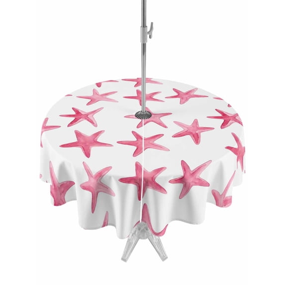 Outdoor Tablecloth with Umbrella Hole for Patio/Picnic/Party/Camping, Pink Starfish Coastal Waterproof Table Cloth Round Cover Washable, Nautical Summer Ocean Modern (Dia 54")