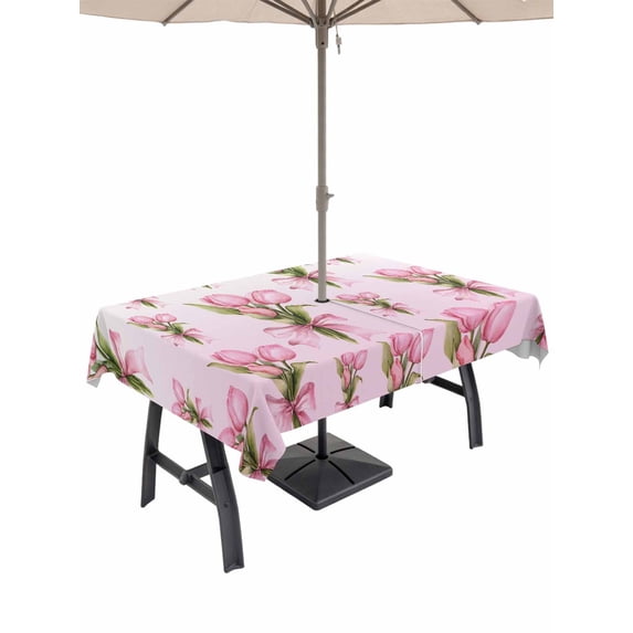 Outdoor Tablecloth with Umbrella Hole for Patio/Picnic/Party/Camping, Pink Tulip Waterproof Table Cloth Rectangle Table Cover Washable, Spring Botanical Flowers Floral Branches (60"x 84")