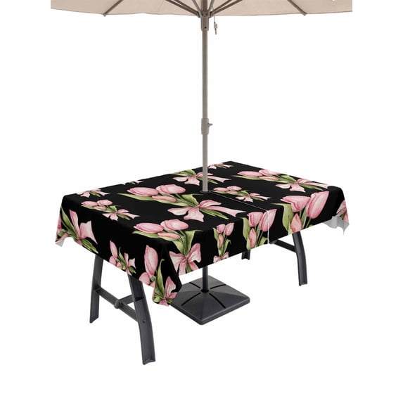Outdoor Tablecloth with Umbrella Hole for Patio/Picnic/Party/Camping, Pink Tulip Waterproof Table Cloth Rectangle Table Cover Washable, Spring Romantic Botanical Flowers Branches (60"x 84")