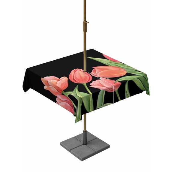 Outdoor Tablecloth with Umbrella Hole for Patio/Picnic/Party/Camping, Pink Tulip Waterproof Table Cloth Square Cover Washable, Spring Floral Summer Botanical Black (60"x 60")