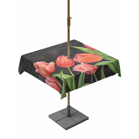 Outdoor Tablecloth with Umbrella Hole for Patio/Picnic/Party/Camping, Pink Tulip Waterproof Table Cloth Square Cover Washable, Spring Floral Summer Botanical Vintage Gray (54"x 54")