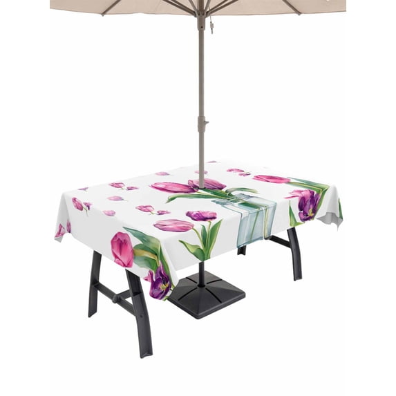 Outdoor Tablecloth with Umbrella Hole for Patio/Picnic/Party/Camping, Pink Tulips Waterproof Table Cloth Rectangle Table Cover Washable, Spring Floral Farmhouse Glass Vase Green Leaf (60"x 84")