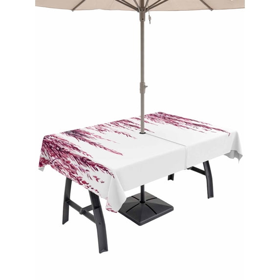 Outdoor Tablecloth with Umbrella Hole for Patio/Picnic/Party/Camping, Pink Waterproof Table Cloth Rectangle Table Cover Washable, Summer Botanical Leaves Watercolor (60"x 120")
