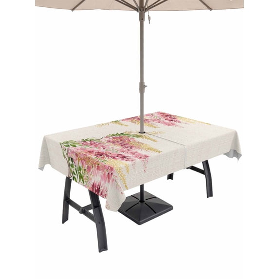 Outdoor Tablecloth with Umbrella Hole for Patio/Picnic/Party/Camping, Pink Weeping Floral Waterproof Table Cloth Rectangle Table Cover Washable, Spring Summer Pastoral Flowers Rustic (60"x 102")