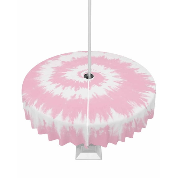 Outdoor Tablecloth with Umbrella Hole for Patio/Picnic/Party/Camping, Pink White Ombre Waterproof Table Cloth Round Cover Washable, Modern Romantic Ethnic Boho Tie Dye Dia 60"