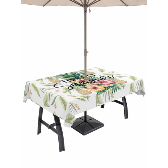 Outdoor Tablecloth with Umbrella Hole for Patio/Picnic/Party/Camping, Pink Yellow Floral Waterproof Table Cloth Rectangle Table Cover Washable, Green Summer Botanical Pastoral (54"x 80")