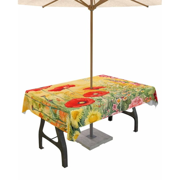 Outdoor Tablecloth with Umbrella Hole for Patio/Picnic/Party/Camping, Poppy Botanical Waterproof Table Cloth Rectangle Table Cover Washable, Vintage Floral Yellow Ombre 52"x 70"
