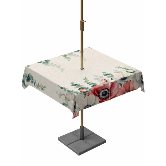 Outdoor Tablecloth with Umbrella Hole for Patio/Picnic/Party/Camping, Poppy Flowers Eucalyptus Waterproof Table Cloth Square Cover Washable, Rustic Weeping Botanical Linen (60"x 60")