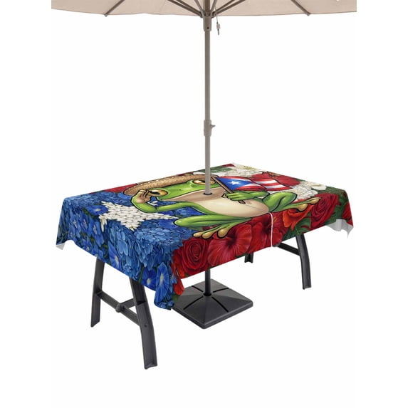 Outdoor Tablecloth with Umbrella Hole for Patio/Picnic/Party/Camping, Puerto Rico Flag Frog Waterproof Table Cloth Rectangle Table Cover Washable, Rustic Red Blue White Floral (54"x 80")