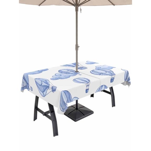 Outdoor Tablecloth with Umbrella Hole for Patio/Picnic/Party/Camping, Purple Blue Hot Air Balloon Waterproof Table Cloth Rectangle Table Cover Washable, Modern Balloon Float Clouds (60"x 84")