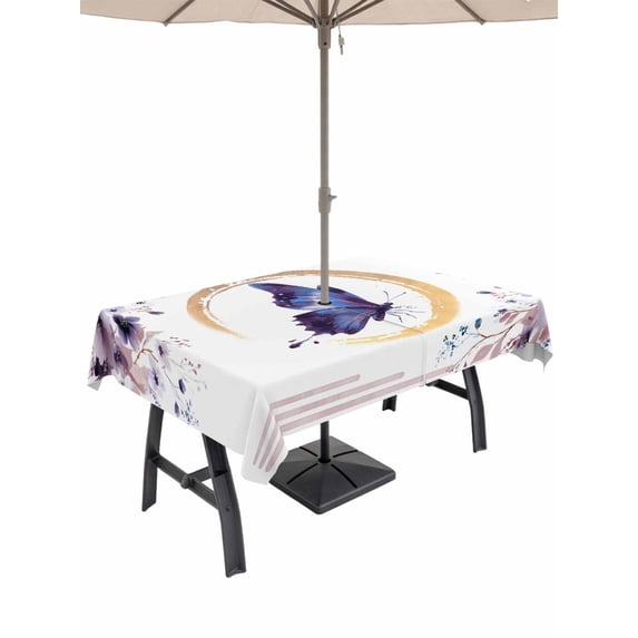 Outdoor Tablecloth with Umbrella Hole for Patio/Picnic/Party/Camping, Purple Butterflies Flowers Waterproof Table Cloth Rectangle Table Cover Washable, Spring Watercolor Botanical (60"x 84")