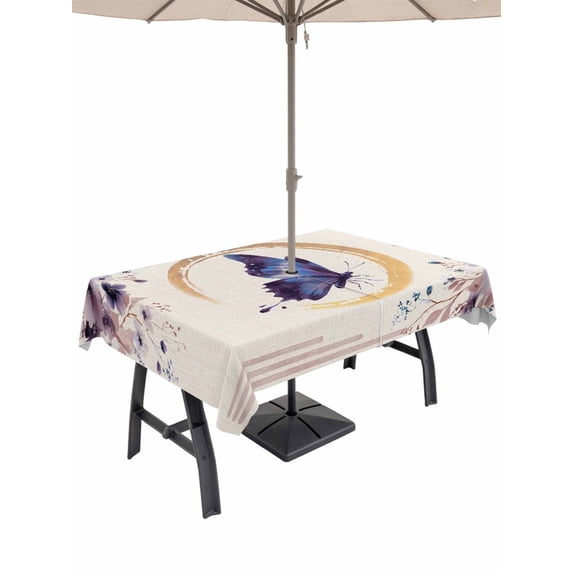 Outdoor Tablecloth with Umbrella Hole for Patio/Picnic/Party/Camping, Purple Butterflies Flowers Waterproof Table Cloth Rectangle Table Cover Washable, Spring Watercolor Botanical Beige (52"x 70")