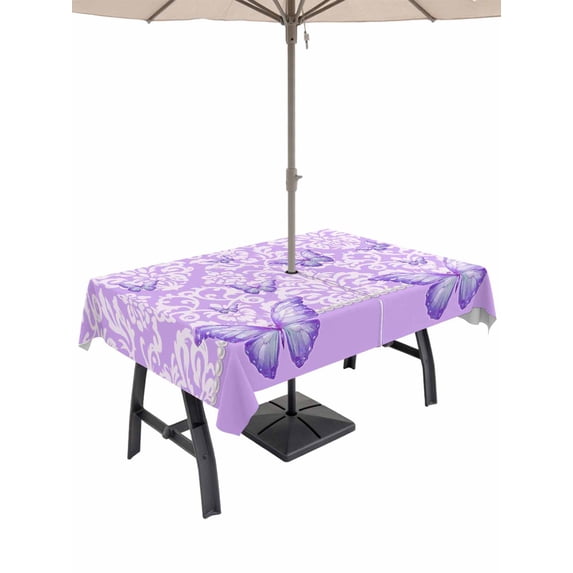 Outdoor Tablecloth with Umbrella Hole for Patio/Picnic/Party/Camping, Purple Floral Butterflies Waterproof Table Cloth Rectangle Table Cover Washable, Abstract Art Vintage Botanical (60"x 84")