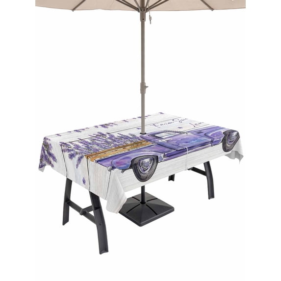 Outdoor Tablecloth with Umbrella Hole for Patio/Picnic/Party/Camping, Purple Floral Waterproof Table Cloth Rectangle Table Cover Washable, Spring Farmhouse Lavender Truck Wooden Gray (54"x 80")