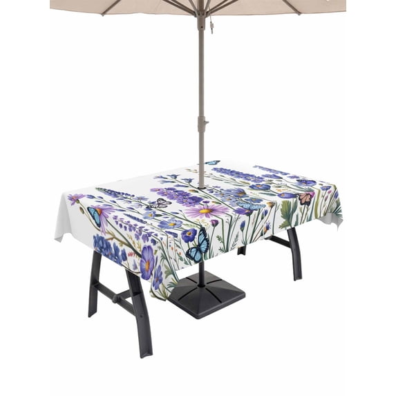 Outdoor Tablecloth with Umbrella Hole for Patio/Picnic/Party/Camping, Purple Floral Waterproof Table Cloth Rectangle Table Cover Washable, Spring Lavender Daisy Butterflies Botanical (60"x 102")