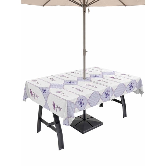 Outdoor Tablecloth with Umbrella Hole for Patio/Picnic/Party/Camping, Purple Flowers Geometric Waterproof Table Cloth Rectangle Table Cover Washable, Spring Floral Elegant Pastoral (54"x 80")