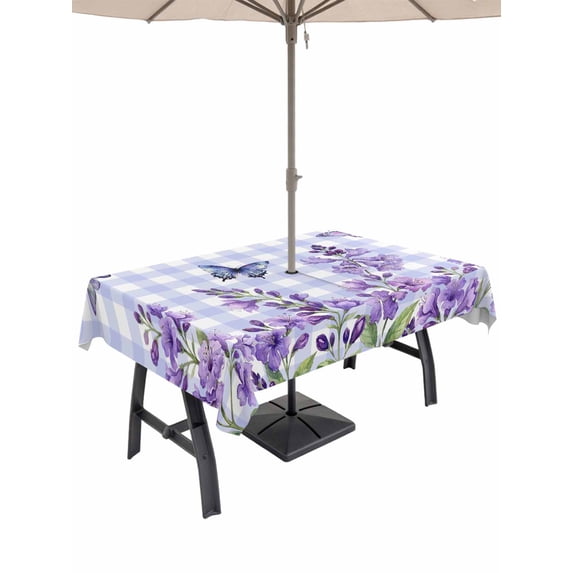 Outdoor Tablecloth with Umbrella Hole for Patio/Picnic/Party/Camping, Purple Flowers Waterproof Table Cloth Rectangle Table Cover Washable, Butterfly Spring Floral Checkered Farmhouse (60"x 84")