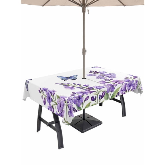 Outdoor Tablecloth with Umbrella Hole for Patio/Picnic/Party/Camping, Purple Flowers Waterproof Table Cloth Rectangle Table Cover Washable, Butterfly Spring Floral Watercolor Farmhouse (60"x 84")