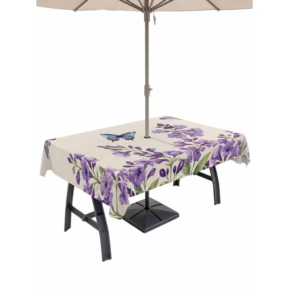 Outdoor Tablecloth with Umbrella Hole for Patio/Picnic/Party/Camping, Purple Flowers Waterproof Table Cloth Rectangle Table Cover Washable, Butterfly Spring Floral Rustic Farmhouse (60"x 84")
