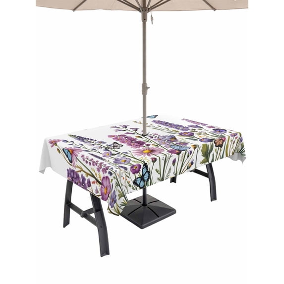 Outdoor Tablecloth with Umbrella Hole for Patio/Picnic/Party/Camping, Purple Flowers Waterproof Table Cloth Rectangle Table Cover Washable, Spring Butterflies Lavender Daisy Botanical (60"x 120")