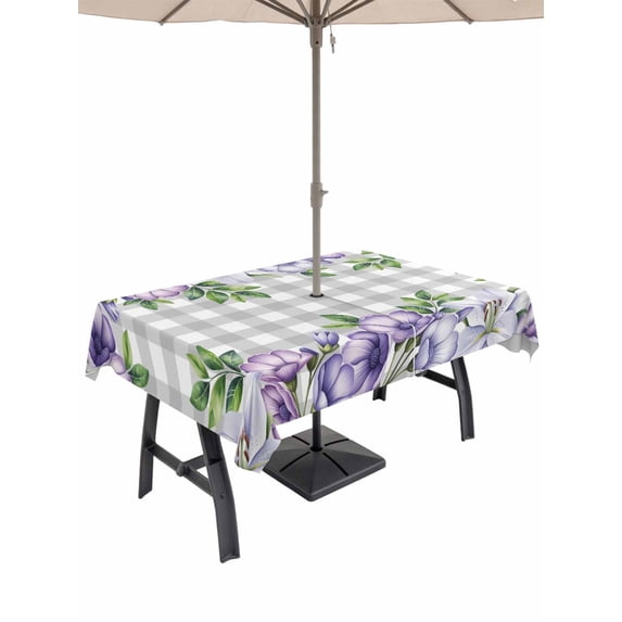 Outdoor Tablecloth with Umbrella Hole for Patio/Picnic/Party/Camping, Purple Flowers Waterproof Table Cloth Rectangle Table Cover Washable, Spring Floral Leaves Plants Gray Plaid (60"x 84")