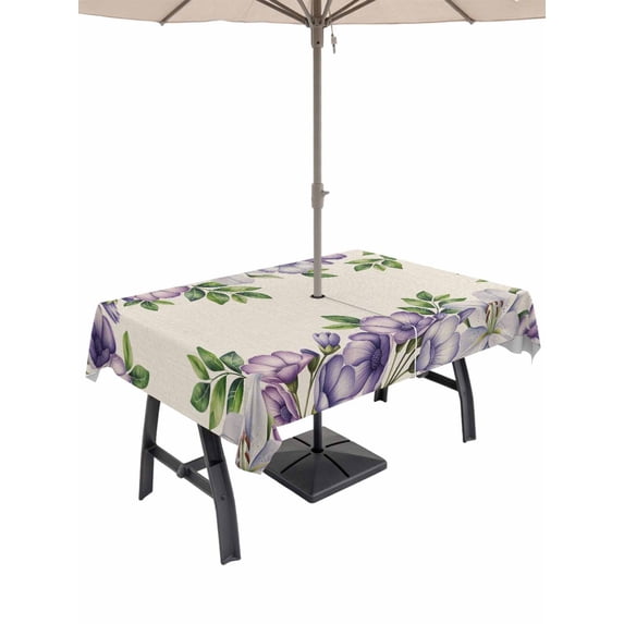 Outdoor Tablecloth with Umbrella Hole for Patio/Picnic/Party/Camping, Purple Flowers Waterproof Table Cloth Rectangle Table Cover Washable, Spring Leaves Floral Plants Beige (54"x 80")