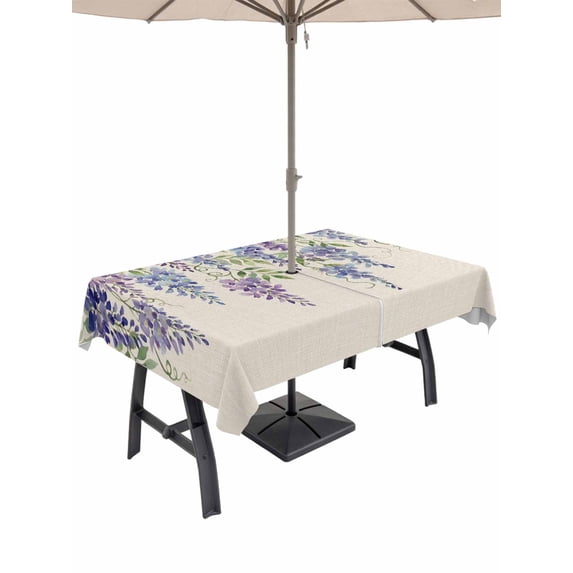 Outdoor Tablecloth with Umbrella Hole for Patio/Picnic/Party/Camping, Purple Flowers Waterproof Table Cloth Rectangle Table Cover Washable, Weeping Spring Floral Rustic Pastoral (60"x 102")