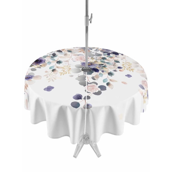 Outdoor Tablecloth with Umbrella Hole for Patio/Picnic/Party/Camping, Purple Flowers Waterproof Table Cloth Round Cover Washable, Spring Floral Elegant Pastoral Watercolor (Dia 54")