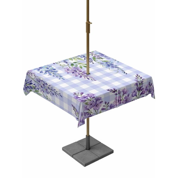 Outdoor Tablecloth with Umbrella Hole for Patio/Picnic/Party/Camping, Purple Flowers Waterproof Table Cloth Square Cover Washable, Weeping Spring Floral Checkered Pastoral (54"x 54")