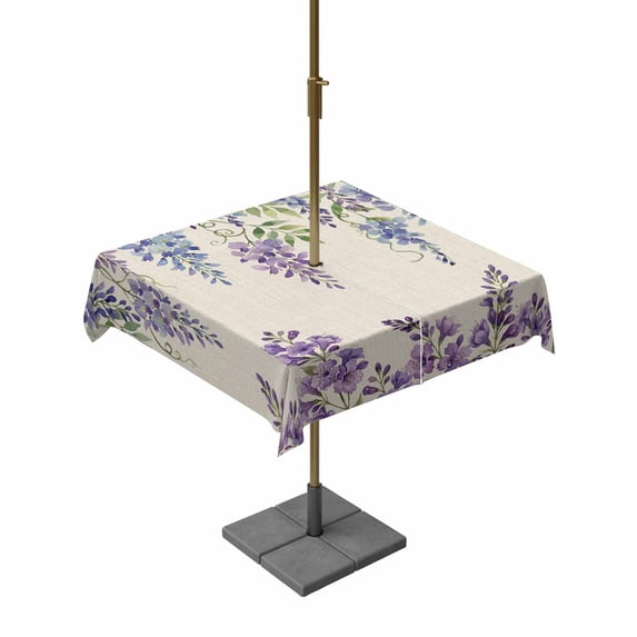 Outdoor Tablecloth with Umbrella Hole for Patio/Picnic/Party/Camping, Purple Flowers Waterproof Table Cloth Square Cover Washable, Weeping Spring Floral Rustic Pastoral (60"x 60")