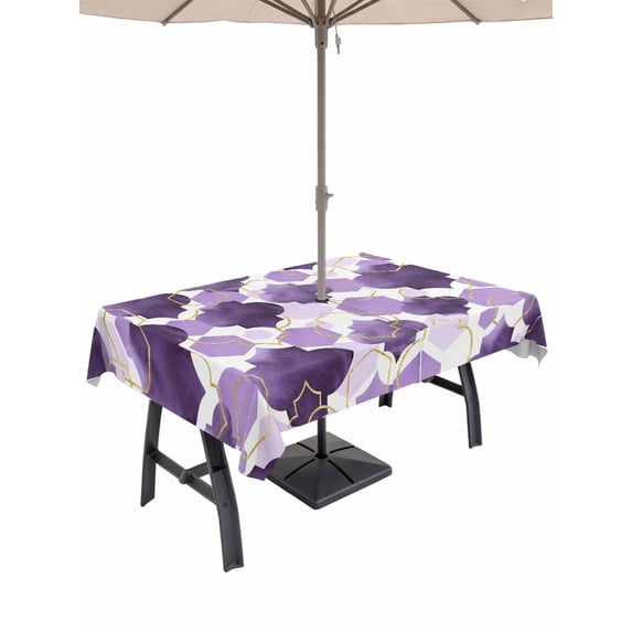 Outdoor Tablecloth with Umbrella Hole for Patio/Picnic/Party/Camping, Purple Geometric Moroccan Waterproof Table Cloth Rectangle Table Cover Washable, Abstract Art Purple Ombre Modern (60"x 84")