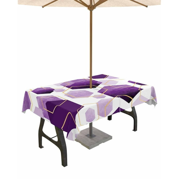 Outdoor Tablecloth with Umbrella Hole for Patio/Picnic/Party/Camping, Purple Geometric Waterproof Table Cloth Rectangle Table Cover Washable, Gold White Hexagon Modern 60"x 102"