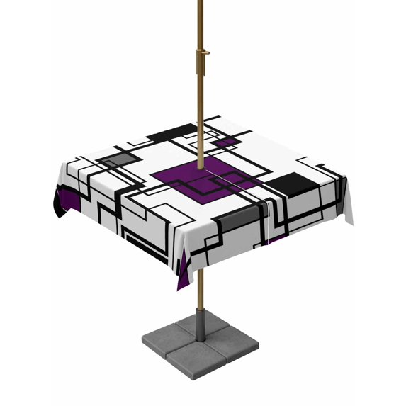 Outdoor Tablecloth with Umbrella Hole for Patio/Picnic/Party/Camping, Purple Geometric Waterproof Table Cloth Square Cover Washable, Black Grey Abstract Striped Modern Art (54"x 54")