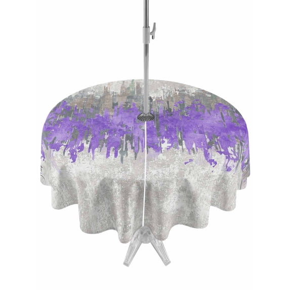 Outdoor Tablecloth with Umbrella Hole for Patio/Picnic/Party/Camping, Purple Grey Abstract Waterproof Table Cloth Round Cover Washable, Gradient Geometric Graffiti Modern Art (Dia 60")