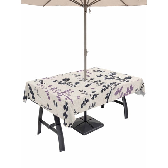 Outdoor Tablecloth with Umbrella Hole for Patio/Picnic/Party/Camping, Purple Grey Botanical Waterproof Table Cloth Rectangle Table Cover Washable, Rustic Country Spring Floral Summer Leaf (60"x 84")