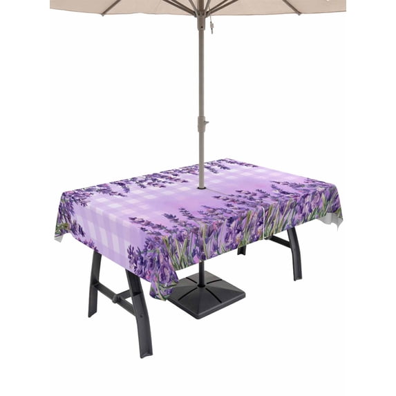 Outdoor Tablecloth with Umbrella Hole for Patio/Picnic/Party/Camping, Purple Lavender Waterproof Table Cloth Rectangle Table Cover Washable, Spring Watercolor Wildflowers Plant Plaid (52"x 70")