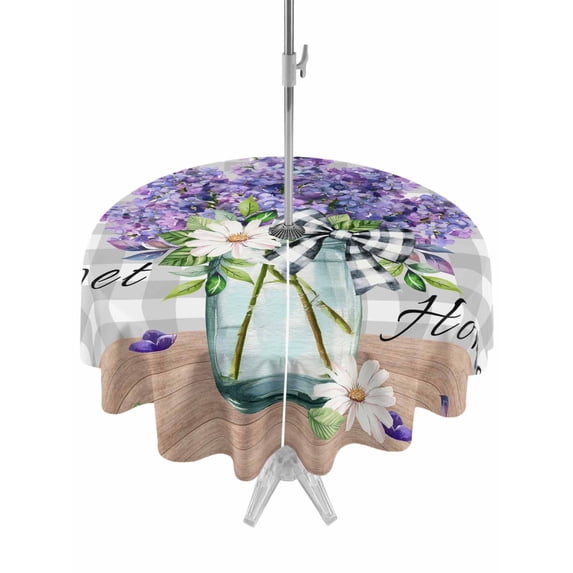 Outdoor Tablecloth with Umbrella Hole for Patio/Picnic/Party/Camping, Purple Lavender Waterproof Table Cloth Round Cover Washable, Spring Butterfly Daisy Watercolor Gray (Dia 60")