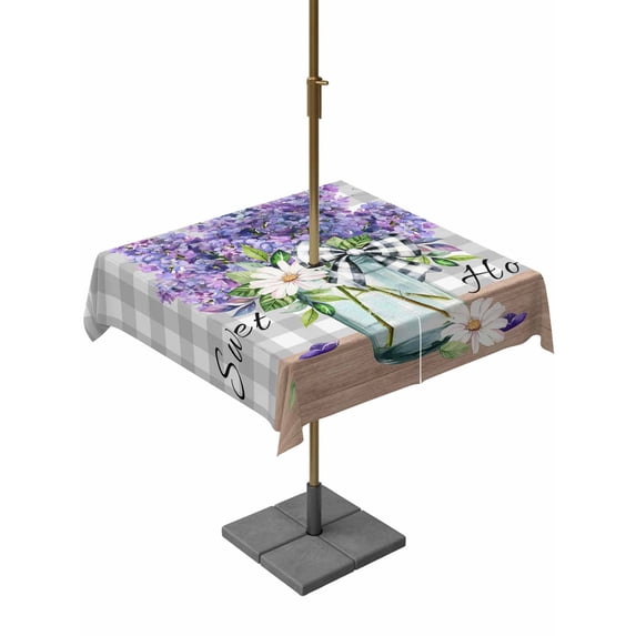 Outdoor Tablecloth with Umbrella Hole for Patio/Picnic/Party/Camping, Purple Lavender Waterproof Table Cloth Square Cover Washable, Spring Butterfly Daisy Watercolor Gray (54"x 54")