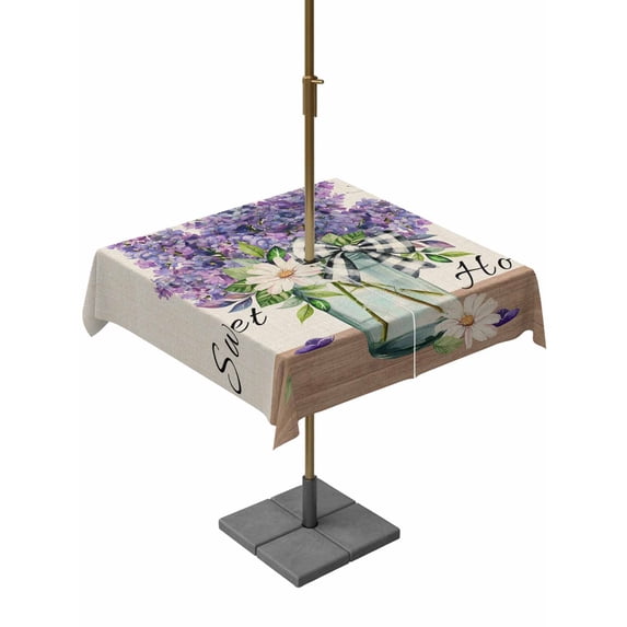 Outdoor Tablecloth with Umbrella Hole for Patio/Picnic/Party/Camping, Purple Lavender Waterproof Table Cloth Square Cover Washable, Spring Floral Daisy Butterfly Leaves Beige (54"x 54")