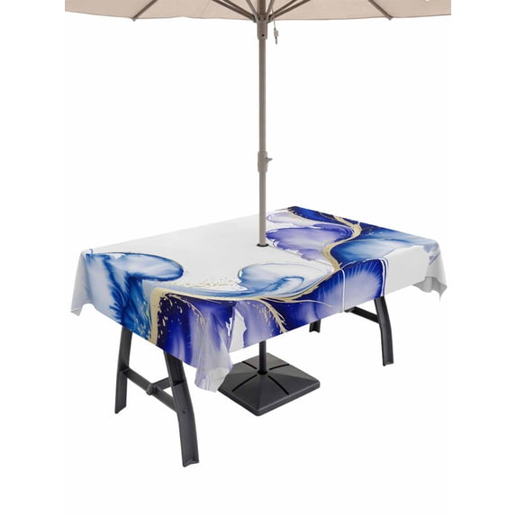 Outdoor Tablecloth with Umbrella Hole for Patio/Picnic/Party/Camping, Purple Marble Stone Waterproof Table Cloth Rectangle Table Cover Washable, Ink Splash Country Marble Abstract (54"x 80")