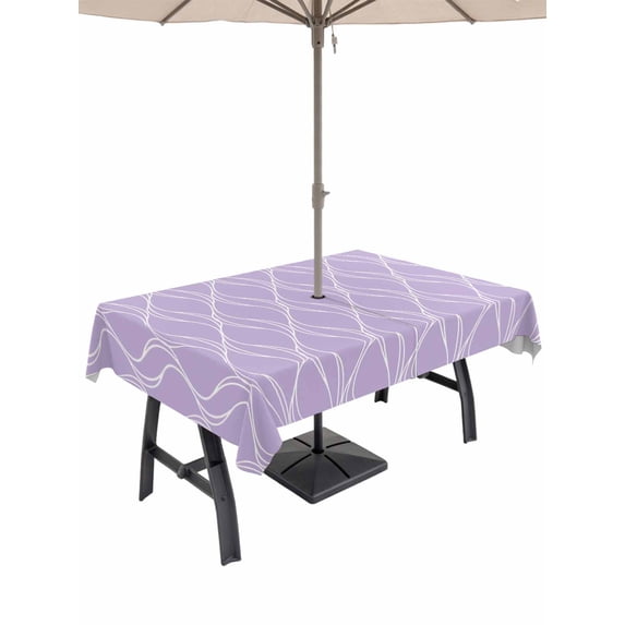Outdoor Tablecloth with Umbrella Hole for Patio/Picnic/Party/Camping, Purple Moire Waves Waterproof Table Cloth Rectangle Table Cover Washable, Modern Abstract Art Geometric (60"x 102")