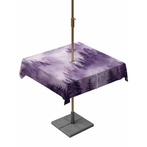 Outdoor Tablecloth with Umbrella Hole for Patio/Picnic/Party/Camping, Purple Mountain Waterproof Table Cloth Square Cover Washable, Misty Forest Nature Woodland Pine Tree Landscape (54"x 54")