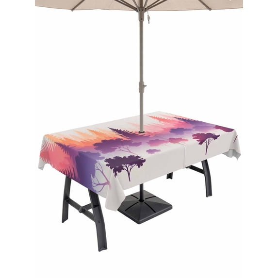 Outdoor Tablecloth with Umbrella Hole for Patio/Picnic/Party/Camping, Purple Orange Ombre Forest Waterproof Table Cloth Rectangle Table Cover Washable, Tree Modern Abstract Art (60"x 120")
