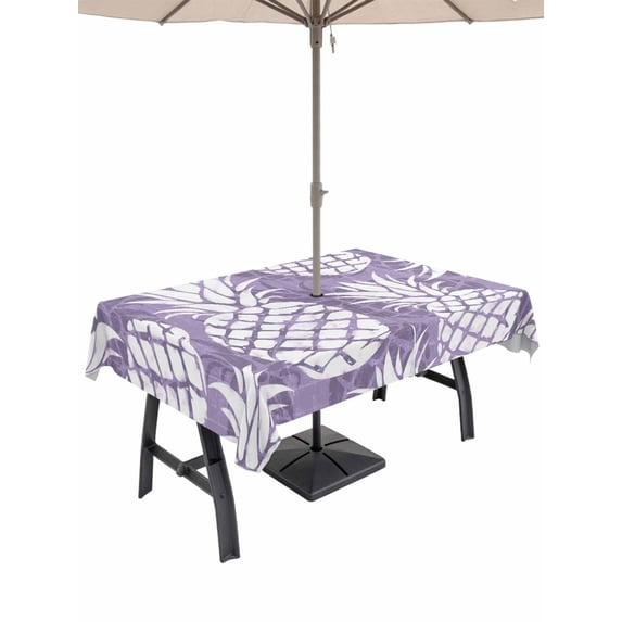 Outdoor Tablecloth with Umbrella Hole for Patio/Picnic/Party/Camping, Purple Pineapple Waterproof Table Cloth Rectangle Table Cover Washable, Tropical Summer Botanical Fruits (52"x 70")