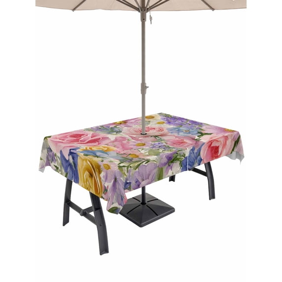 Outdoor Tablecloth with Umbrella Hole for Patio/Picnic/Party/Camping, Purple Pink Floral Waterproof Table Cloth Rectangle Table Cover Washable, Spring Farmhouse Country Vintage Flower (60"x 102")