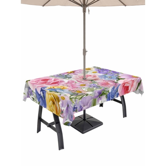 Outdoor Tablecloth with Umbrella Hole for Patio/Picnic/Party/Camping, Purple Pink Floral Waterproof Table Cloth Rectangle Table Cover Washable, Spring Watercolor Country Flower (54"x 80")