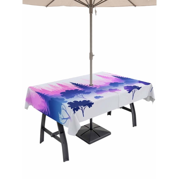 Outdoor Tablecloth with Umbrella Hole for Patio/Picnic/Party/Camping, Purple Pink Forest Waterproof Table Cloth Rectangle Table Cover Washable, Ombre Tree Abstract Art (60"x 102")